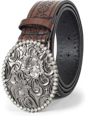 Men's Coffee With Rhinestone Leather Belt Western Cowboy Waist Strap Floral